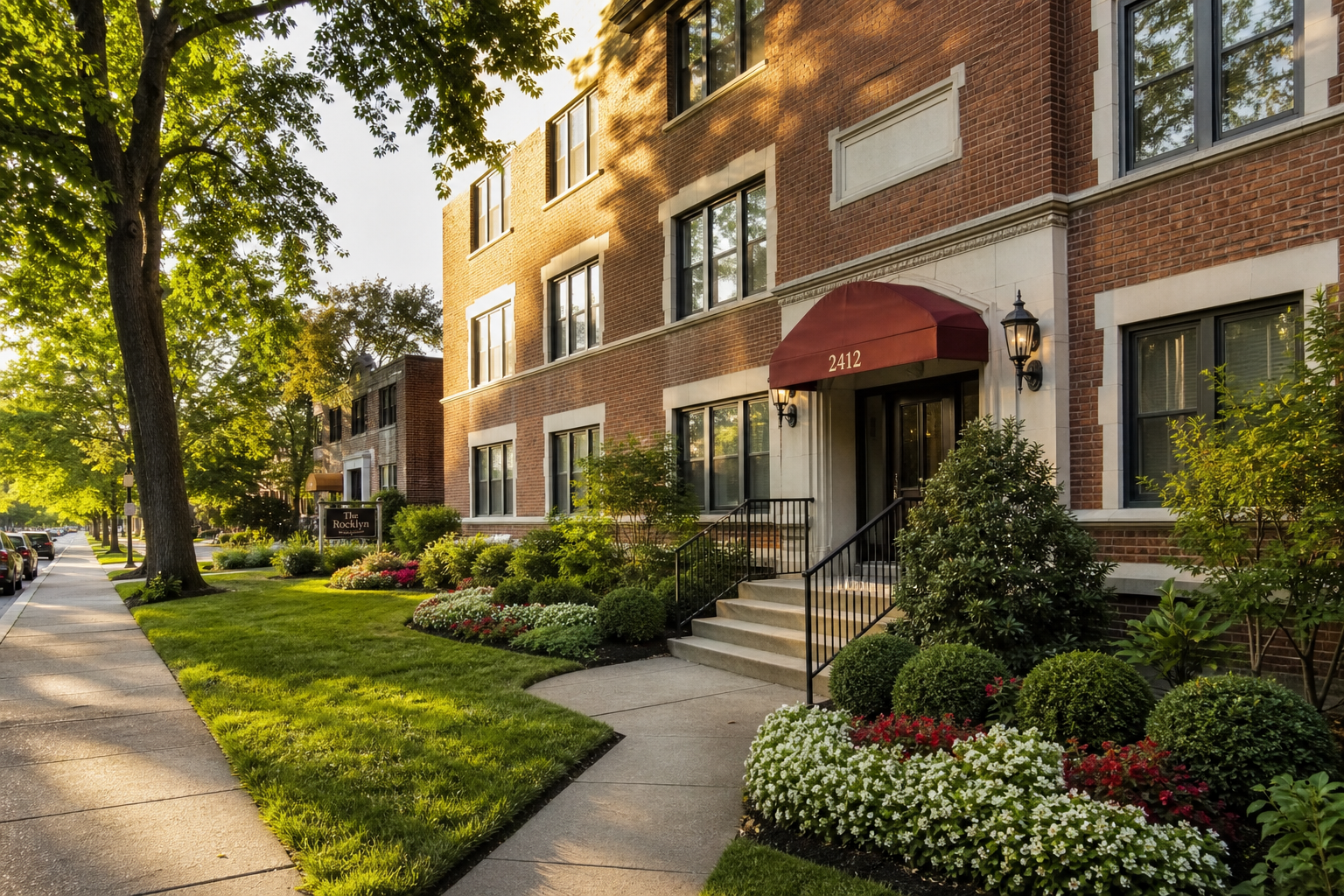 A well-kept brick apartment building with a tidy front garden